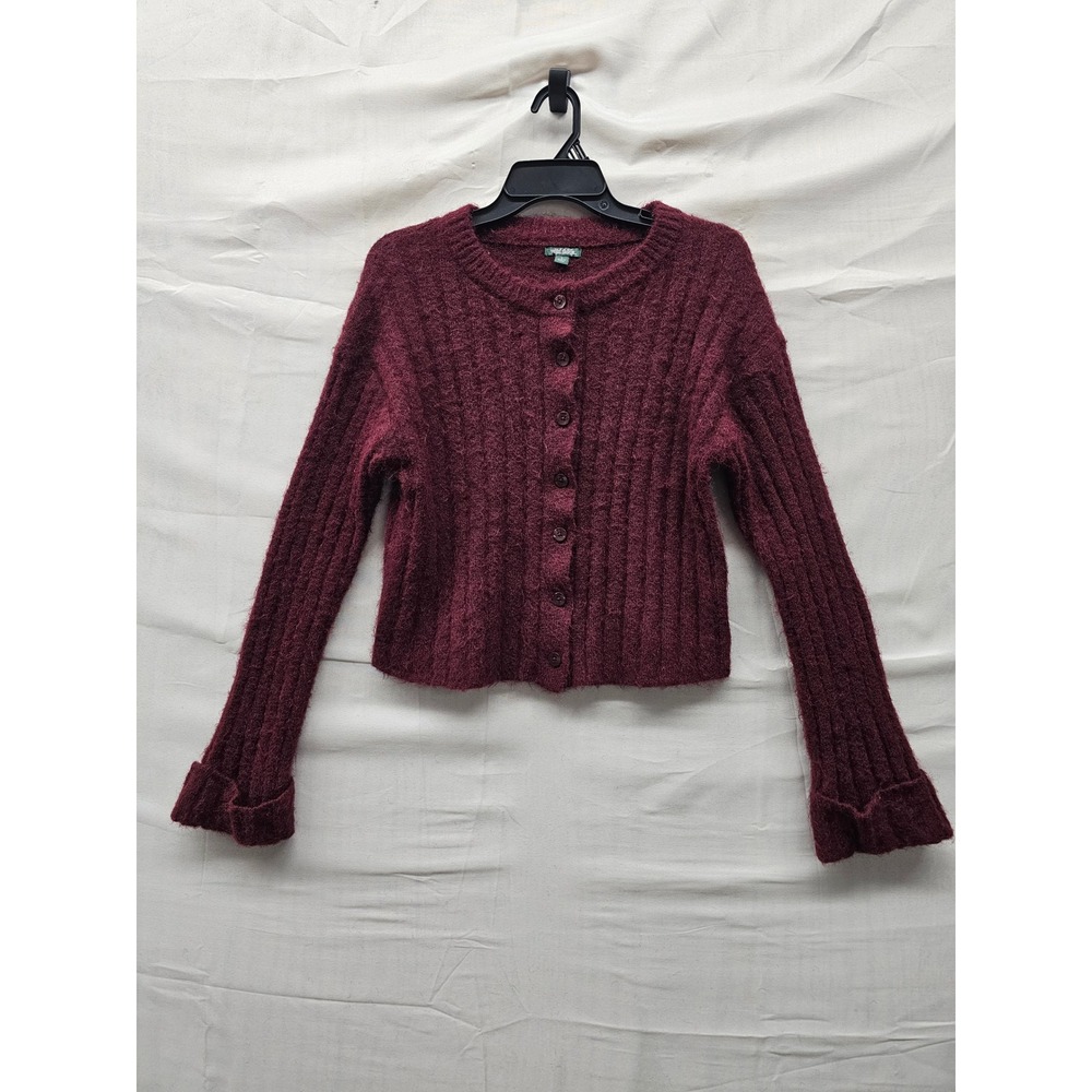 Wild Fable Womens Fuzzy Cropped Cardigan Burgundy Knit Casual Size Small